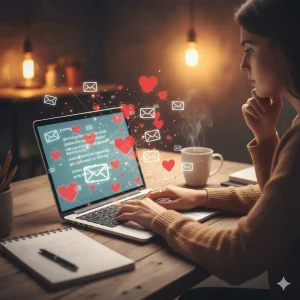 Digital marketer crafting an emotional email story to connect with audience.