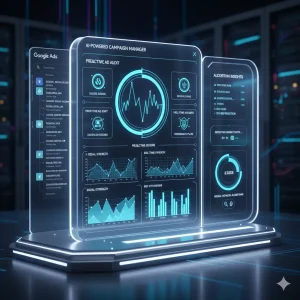 Futuristic AI bidding dashboard analyzing signals for Google Ads optimization.
