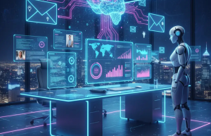 Illustration of artificial intelligence transforming technology and business, symbolizing innovation and progress.