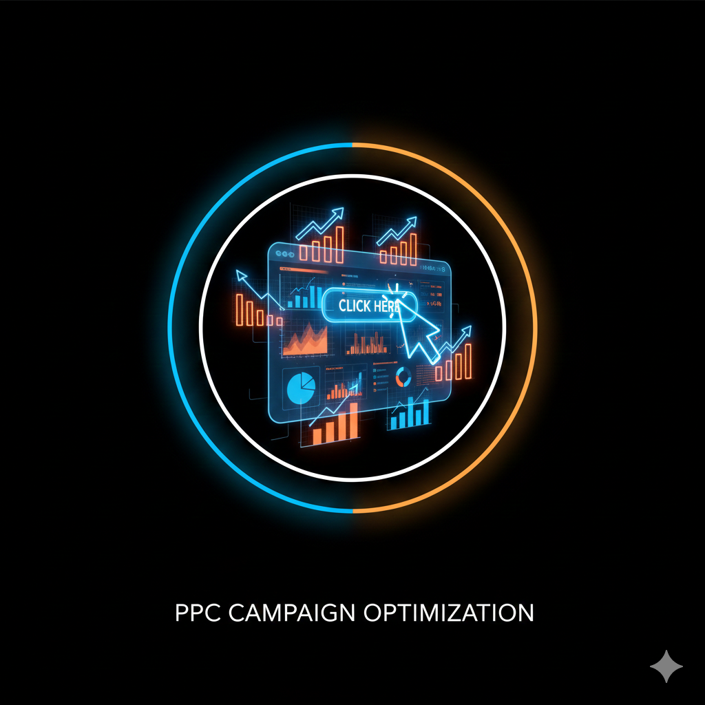Pay-per-click advertising dashboard with rising graph, mouse cursor clicking ad button on a black background.