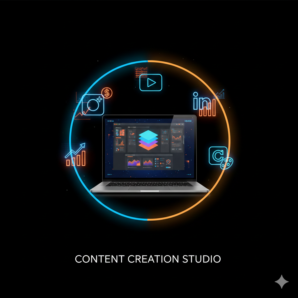 Content creator working on laptop with social media icons and creative tools on a black background.