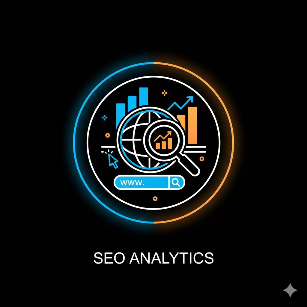 Blue and orange SEO and analytics icon showing a globe with magnifying glass, bar chart, and search engine elements.