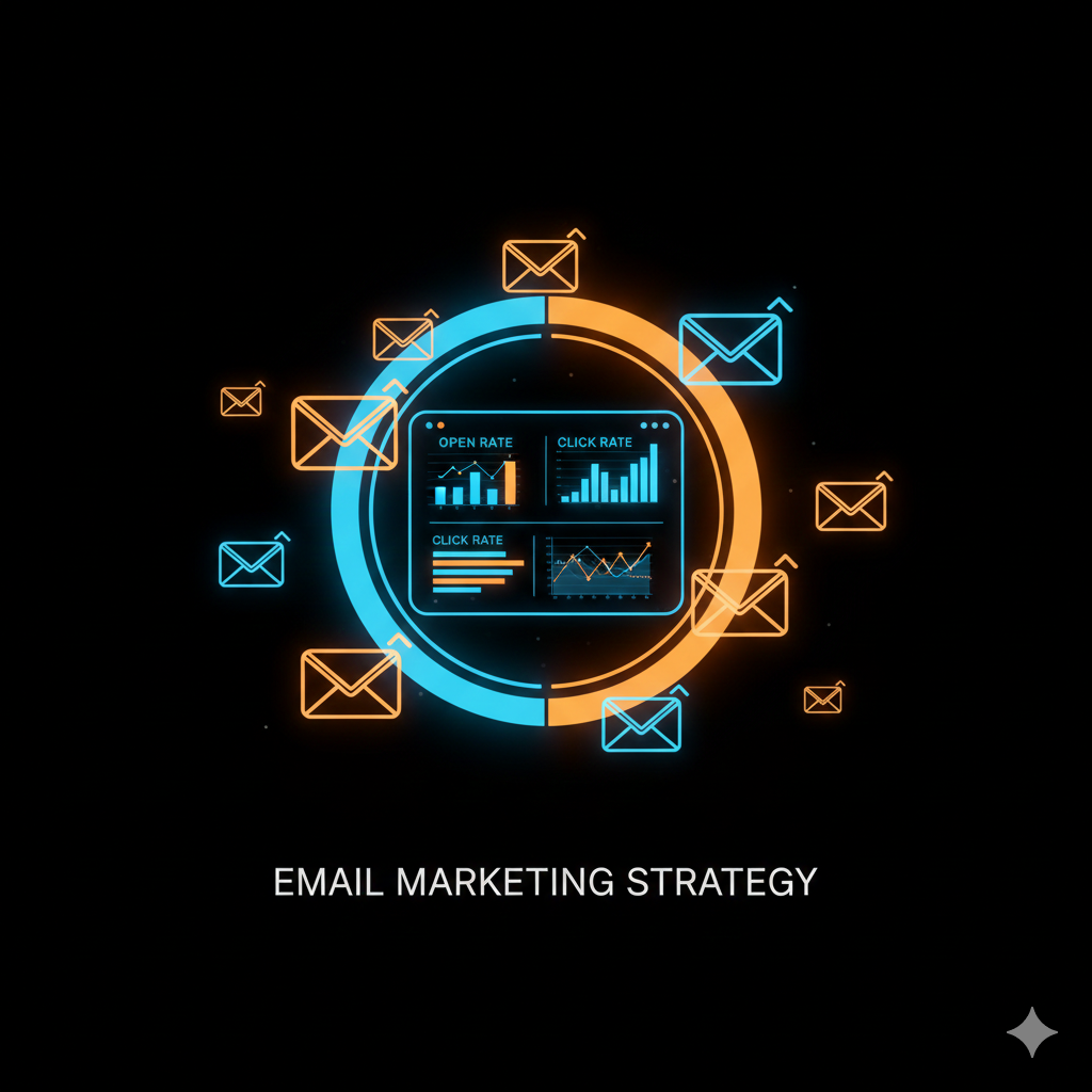 Email marketing campaign dashboard with open rate analytics and envelope icons on a black background